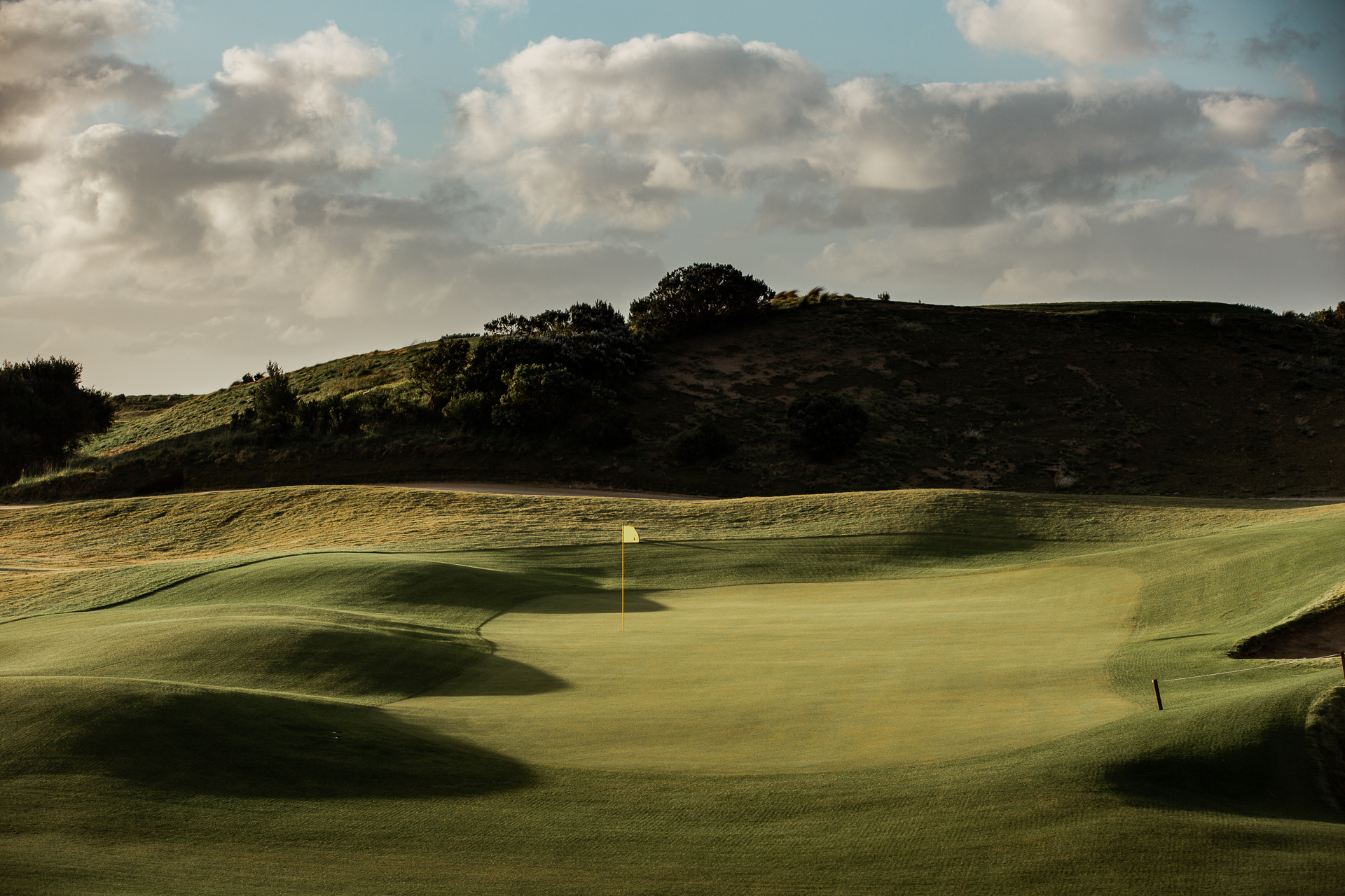 Aerial view of green and bunker